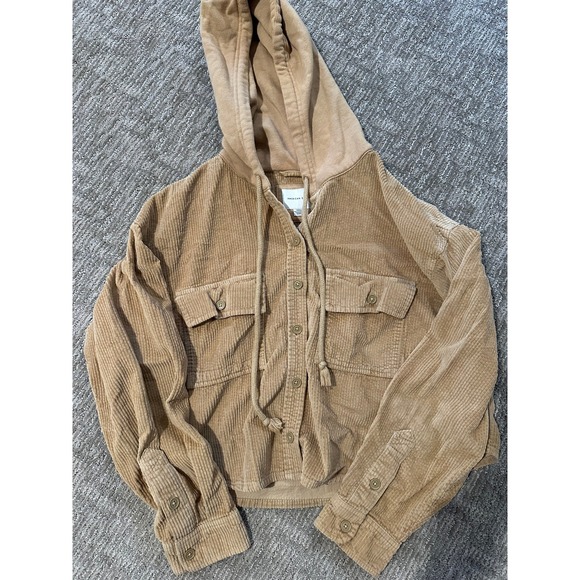 American Eagle Outfitters Jackets & Blazers - American Eagle Women Tan Corduroy Hooded Shirt Jacket Cropped Shacket Medium